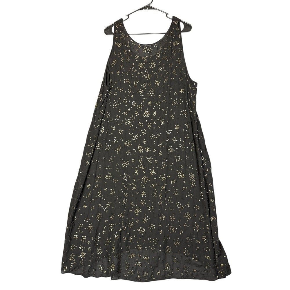 Eileen Fisher Silk Sequin Black Sheer High-Low Shift Dress Gold XL Sleeveless - Picture 2 of 9